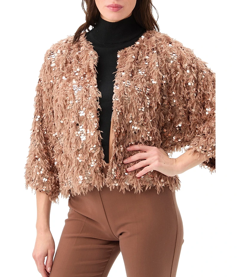 Trina Turk Oller Sequin Fringe Round Neck Elbow Sleeve Cropped Jacket