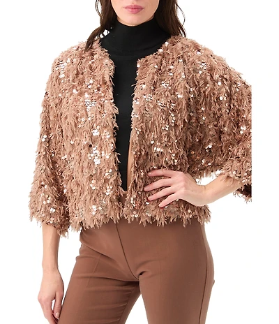 Trina Turk Oller Sequin Fringe Round Neck Elbow Sleeve Cropped Jacket