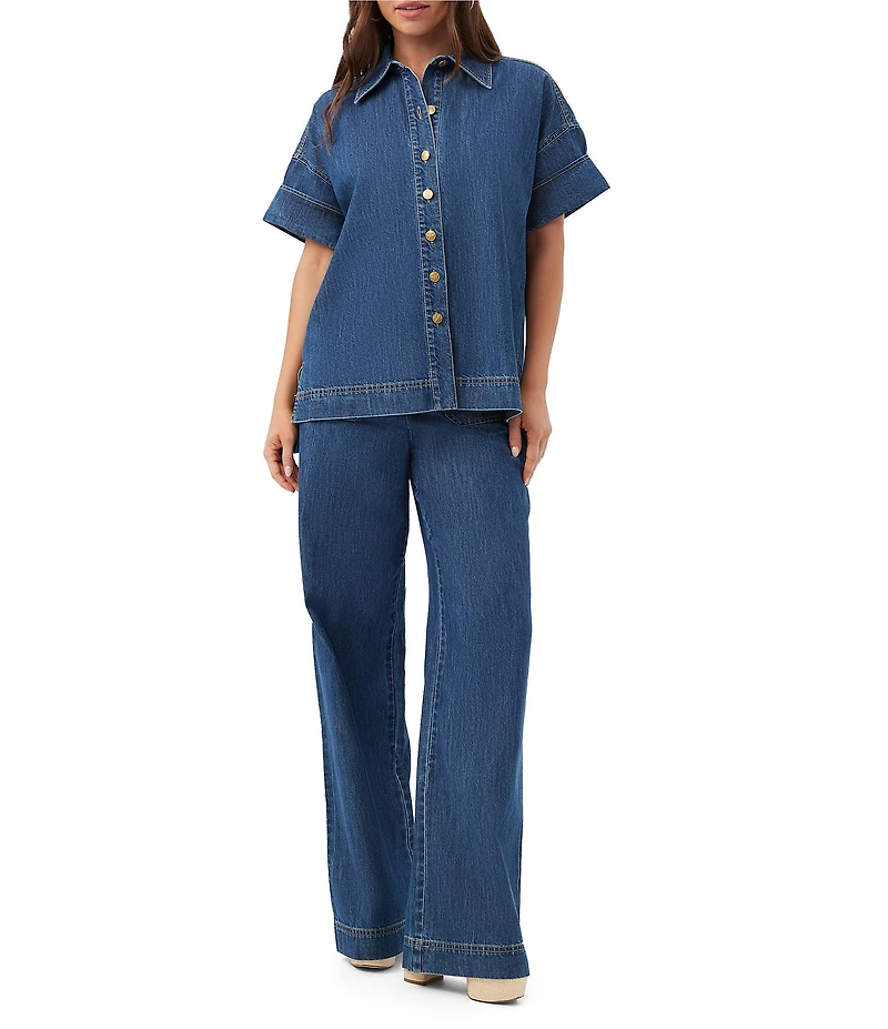 Trina Turk Opponent Denim Point Collar Short Sleeve Button Front Boxy Top