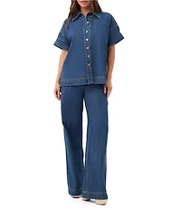 Trina Turk Opponent Denim Point Collar Short Sleeve Button Front Boxy Top