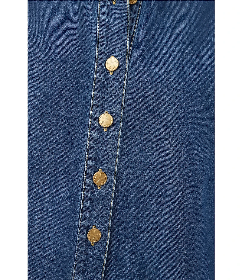 Trina Turk Opponent Denim Point Collar Short Sleeve Button Front Boxy Top