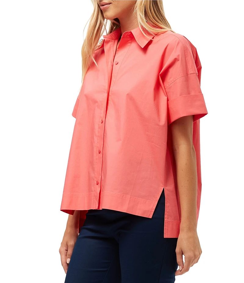 Trina Turk Opponent Stretch Poplin Point Collar Short Sleeve High Low Top