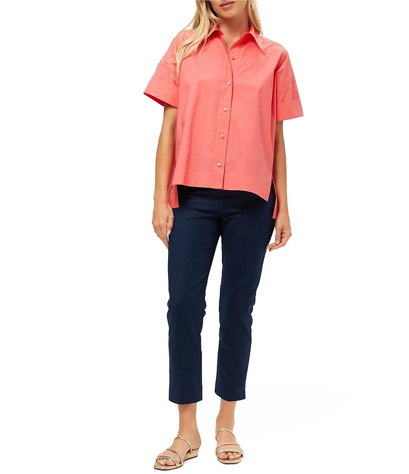 Trina Turk Opponent Stretch Poplin Point Collar Short Sleeve High Low Top