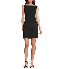 Trina Turk Palais Crepe Knit Boat Neck Sleeveless Fringe Sheath Dress