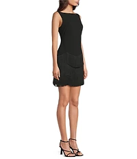 Trina Turk Palais Crepe Knit Boat Neck Sleeveless Fringe Sheath Dress