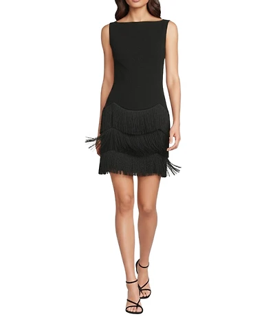 Trina Turk Palais Crepe Knit Boat Neck Sleeveless Fringe Sheath Dress