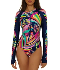 Trina Turk Paralia Long Sleeve Zip-Up One Piece Paddle Swimsuit