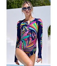 Trina Turk Paralia Long Sleeve Zip-Up One Piece Paddle Swimsuit
