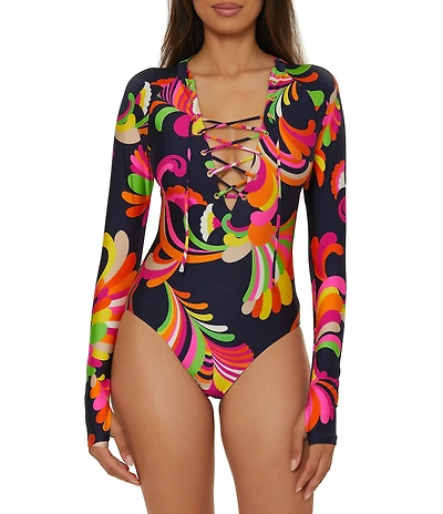 Trina Turk Poolside Swirl Long Sleeve Lace-Up Paddle One Piece Swimsuit