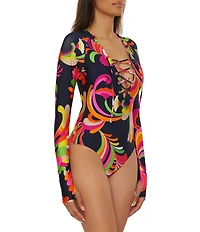 Trina Turk Poolside Swirl Long Sleeve Lace-Up Paddle One Piece Swimsuit