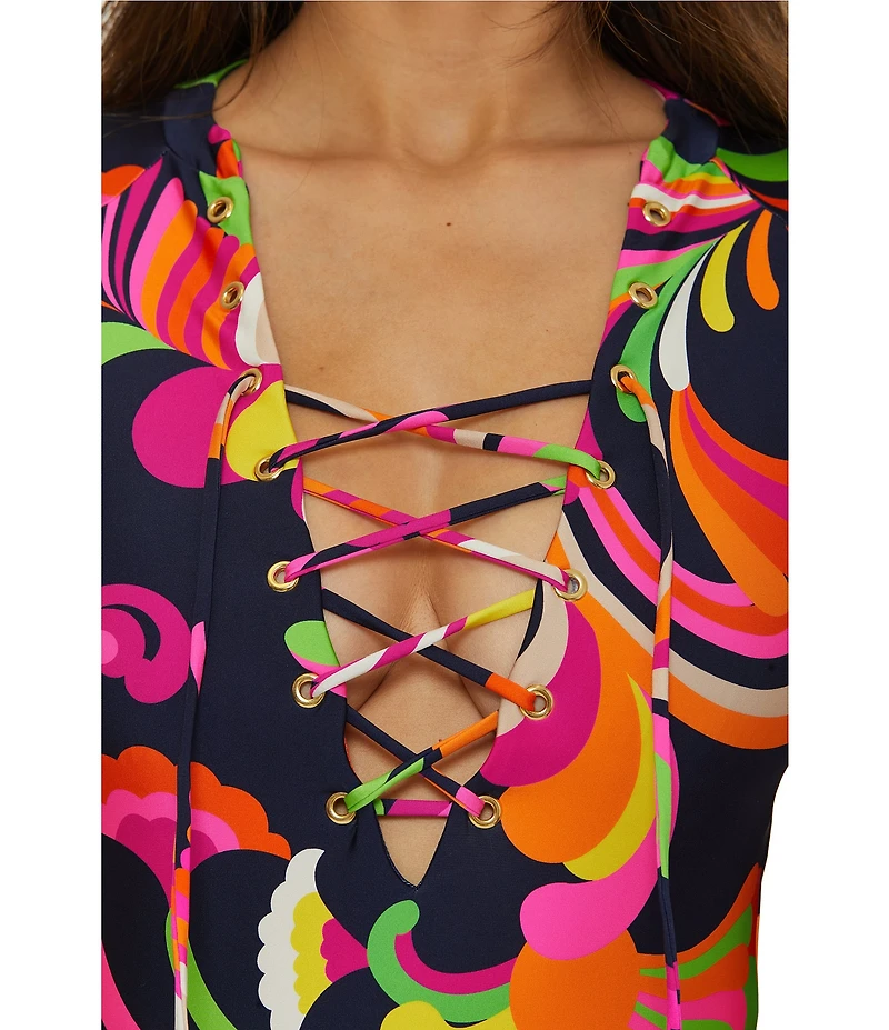 Trina Turk Poolside Swirl Long Sleeve Lace-Up Paddle One Piece Swimsuit