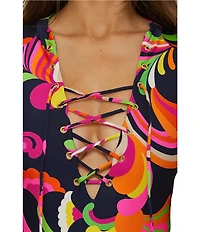 Trina Turk Poolside Swirl Long Sleeve Lace-Up Paddle One Piece Swimsuit