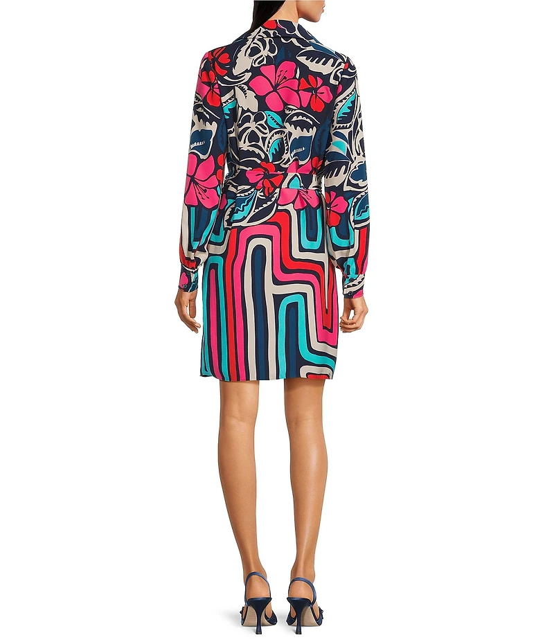 Trina Turk Promenade Abstract Floral Print Georgette Point Collar Long Sleeve Button Front Dress