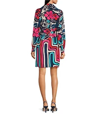 Trina Turk Promenade Abstract Floral Print Georgette Point Collar Long Sleeve Button Front Dress