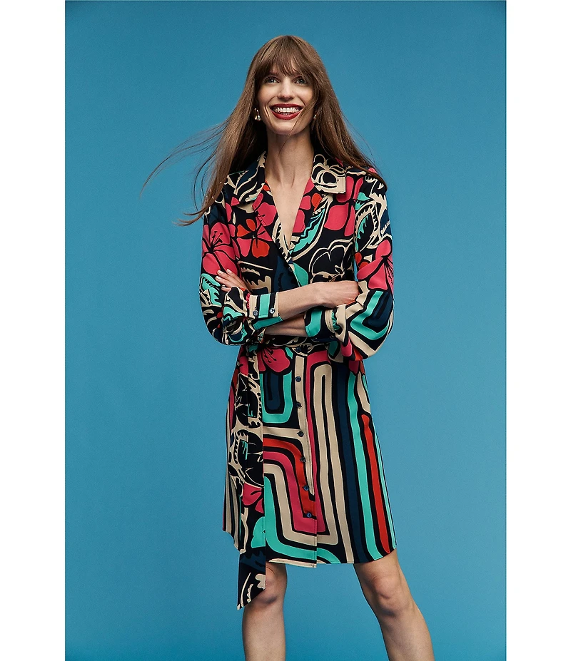 Trina Turk Promenade Abstract Floral Print Georgette Point Collar Long Sleeve Button Front Dress