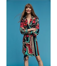 Trina Turk Promenade Abstract Floral Print Georgette Point Collar Long Sleeve Button Front Dress