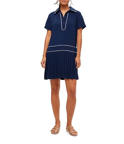 Trina Turk Racquet Georgette Point Collar Short Sleeve Pleated Dress