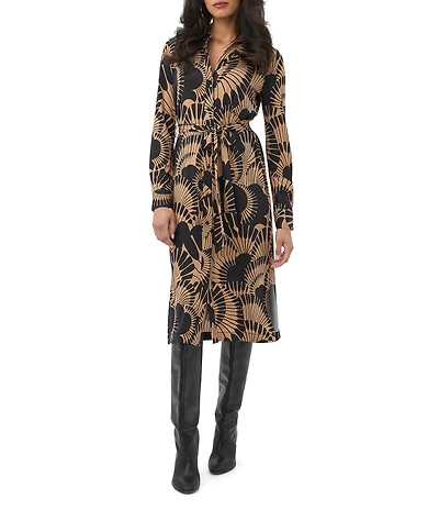 Trina Turk Radio City Printed Jersey Point Collar Long Sleeve Tie Waist Dress