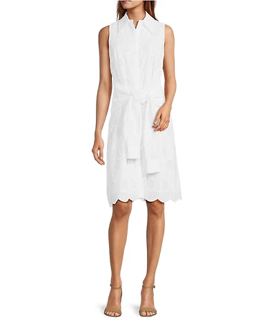 Trina Turk Rally Eyelet Point Collar Sleeveless Tie Front Scallop Dress