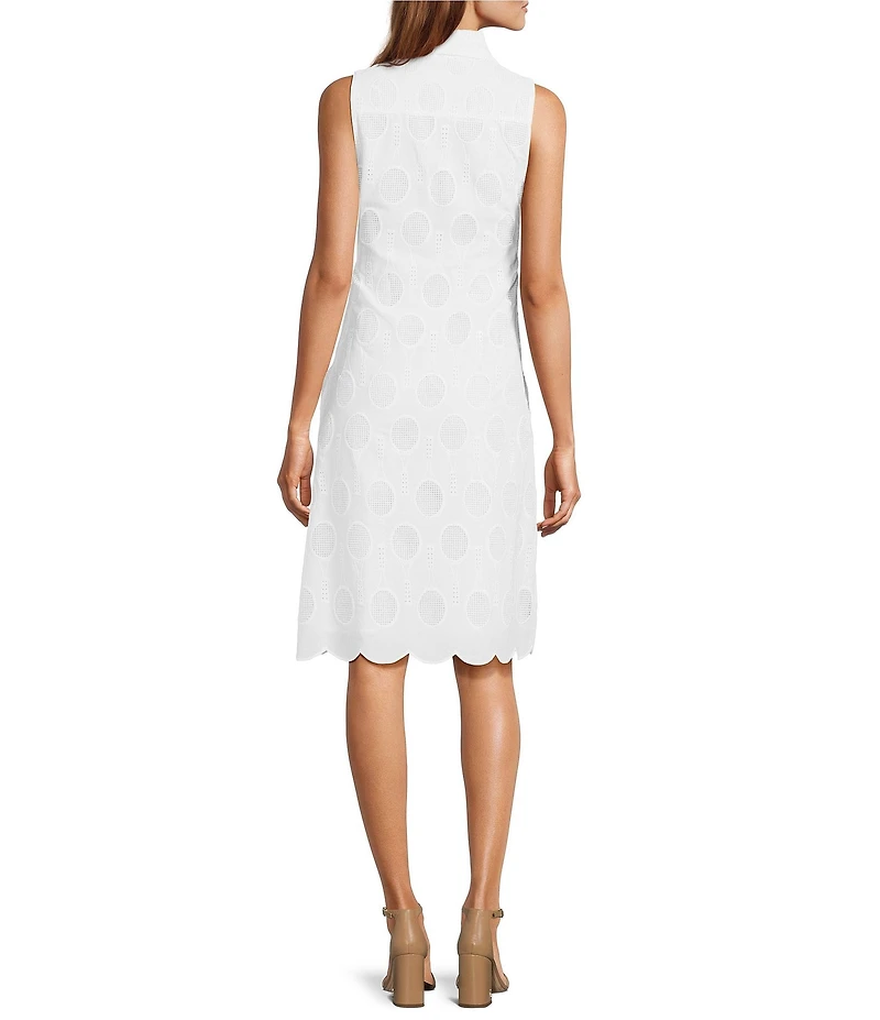Trina Turk Rally Eyelet Point Collar Sleeveless Tie Front Scallop Dress