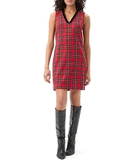 Trina Turk Revah Plaid V-Neck Sleeveless Velvet Trim Shift Dress