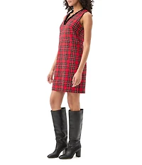 Trina Turk Revah Plaid V-Neck Sleeveless Velvet Trim Shift Dress