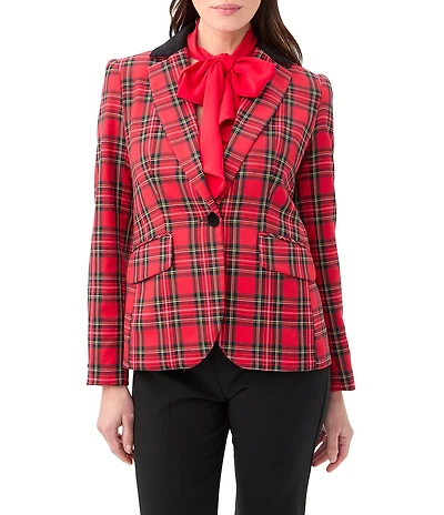 Trina Turk Revolution Plaid Print Notch Lapel Long Sleeve Blazer