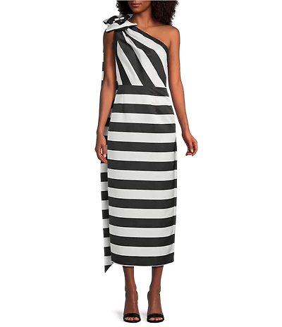 Trina Turk Romance Satin Stripe Print One Shoulder Sleeveless Bow Dress