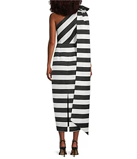 Trina Turk Romance Satin Stripe Print One Shoulder Sleeveless Bow Dress