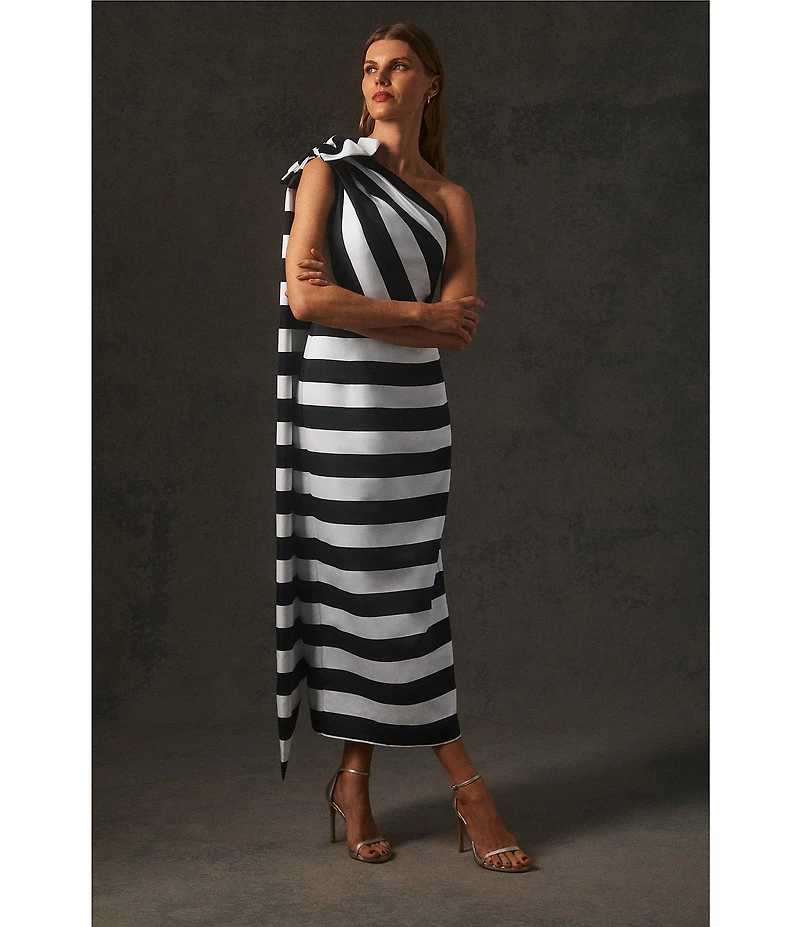 Trina Turk Romance Satin Stripe Print One Shoulder Sleeveless Bow Dress