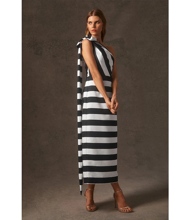 Trina Turk Romance Satin Stripe Print One Shoulder Sleeveless Bow Dress