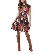 Trina Turk Sabar Printed Jacquard Funnel Neck Cap Sleeve A-Line Mini Dress