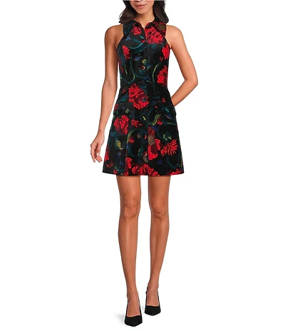 Trina Turk Safina Collared Halter Neck Sleeveless Button Front Dress