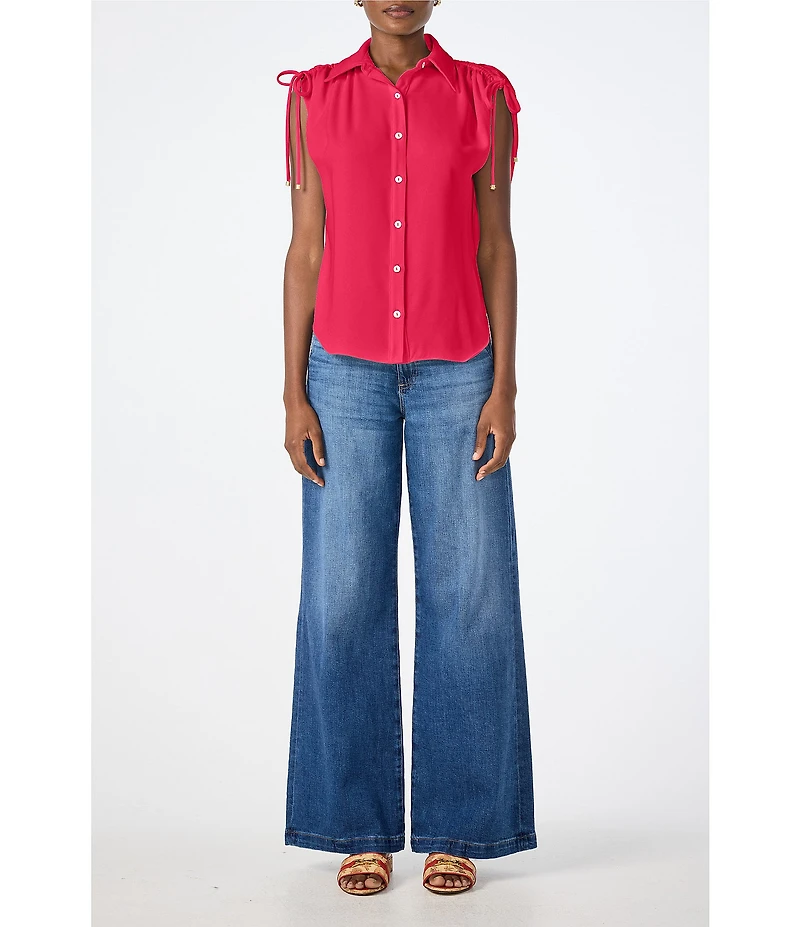 Trina Turk Saint Tropez Double Georgette Collared Button Front Tie Shoulder Top