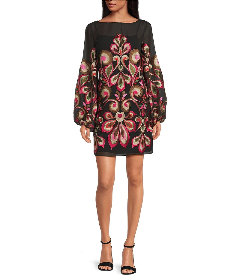 Trina Turk Salim Sheer Embroidered Mesh Boat Neck Long Balloon Sleeve Dress