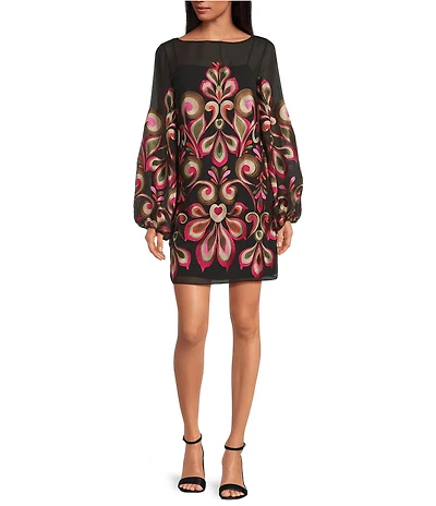 Trina Turk Salim Sheer Embroidered Mesh Boat Neck Long Balloon Sleeve Dress