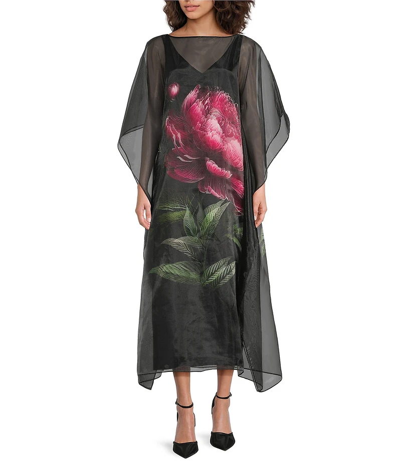 Trina Turk Salon Floral Placement Organza Boat Neck Butterfly Sleeve Dress