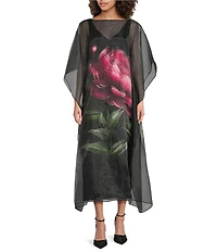 Trina Turk Salon Floral Placement Organza Boat Neck Butterfly Sleeve Dress