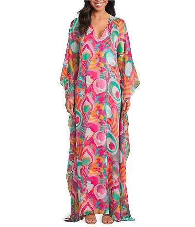Trina Turk Salon Printed Crinkle Georgette V-Neck Long Sleeve Caftan Salon Maxi Dress