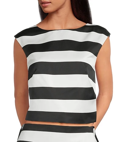 Trina Turk Santina Satin Stripe Print Boat Neck Cap Sleeve V-Back Boxy Top