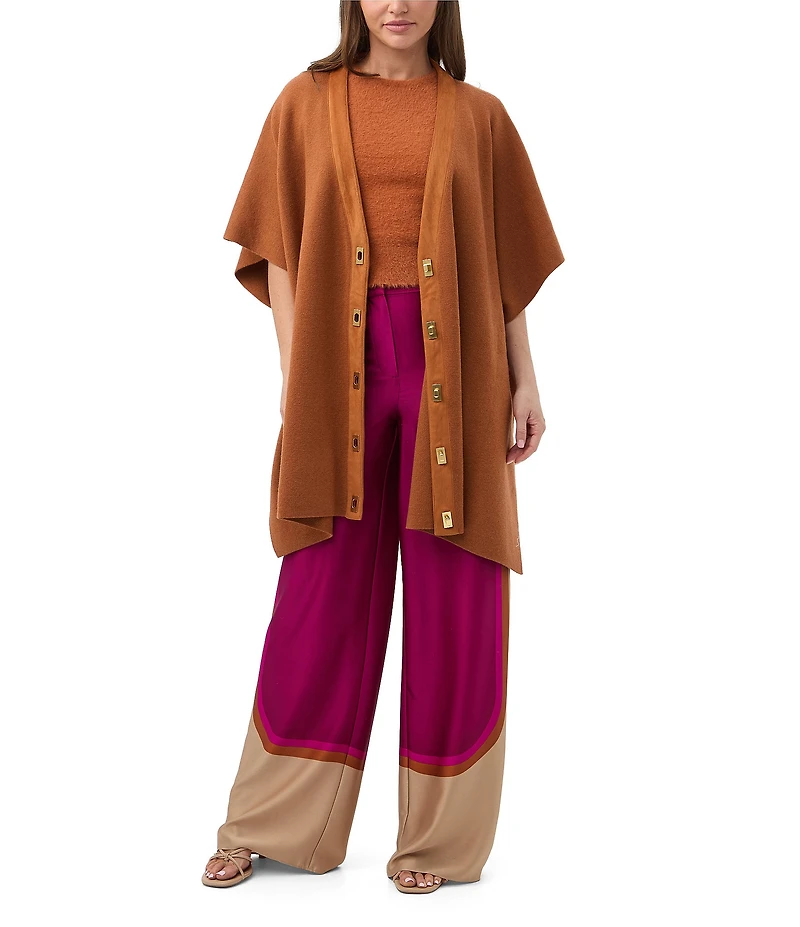 Trina Turk Sapphire Knit V-Neck Elbow Sleeve Turn Lock Poncho