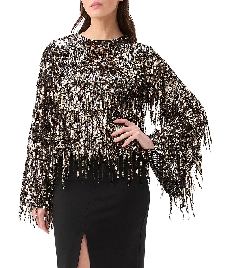 Trina Turk Satine Fringe Sequin Round Neck Long Bell Sleeve Top