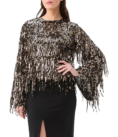 Trina Turk Satine Fringe Sequin Round Neck Long Bell Sleeve Top