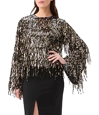 Trina Turk Satine Fringe Sequin Round Neck Long Bell Sleeve Top