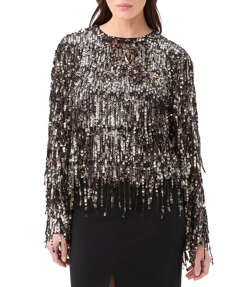 Trina Turk Satine Fringe Sequin Round Neck Long Bell Sleeve Top