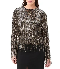 Trina Turk Satine Fringe Sequin Round Neck Long Bell Sleeve Top