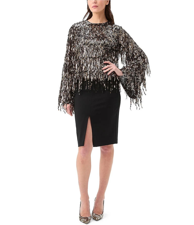 Trina Turk Satine Fringe Sequin Round Neck Long Bell Sleeve Top