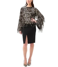 Trina Turk Satine Fringe Sequin Round Neck Long Bell Sleeve Top