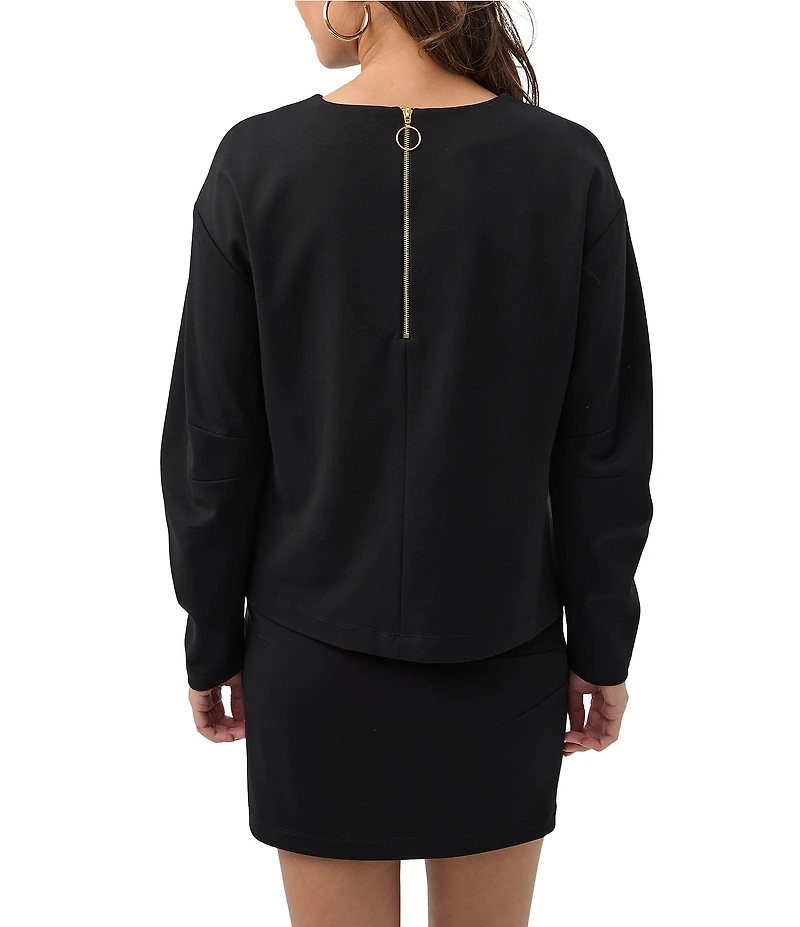 Trina Turk Savoy Cozy Ponte Crew Neck Long Barrel Sleeve Top