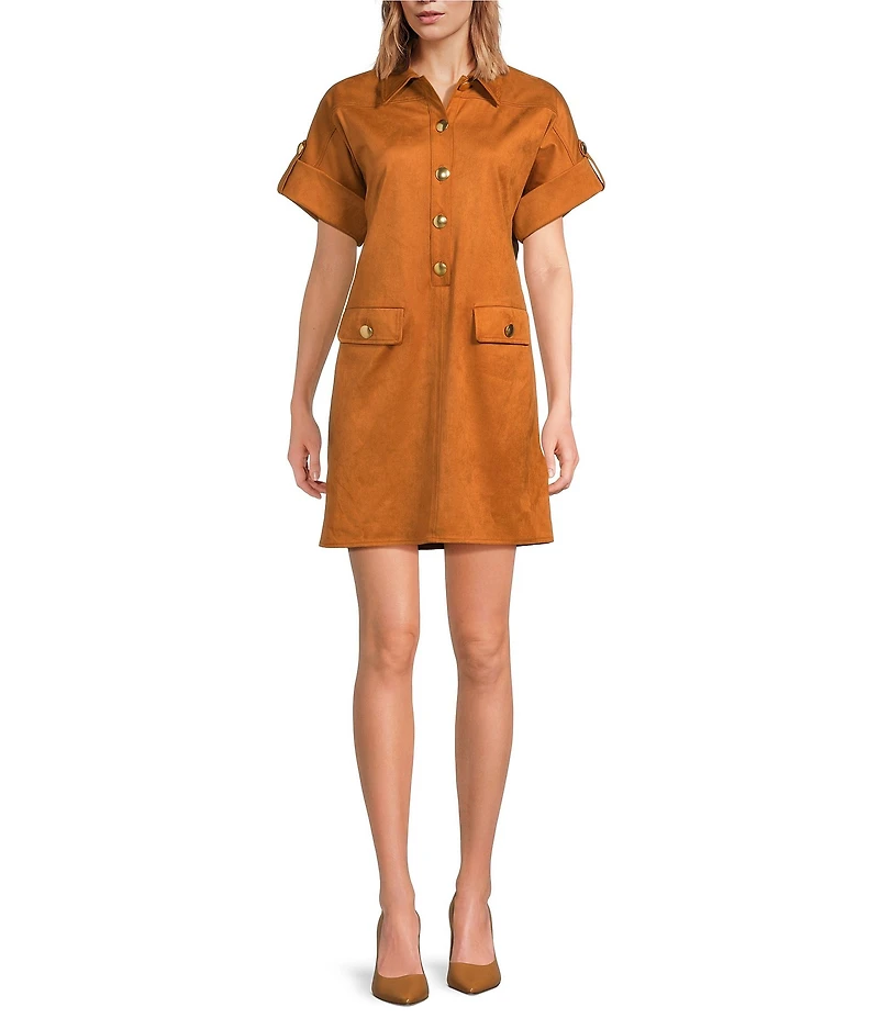 Trina Turk Sequoia Faux Suede Point Collar Short Sleeve Shift Dress